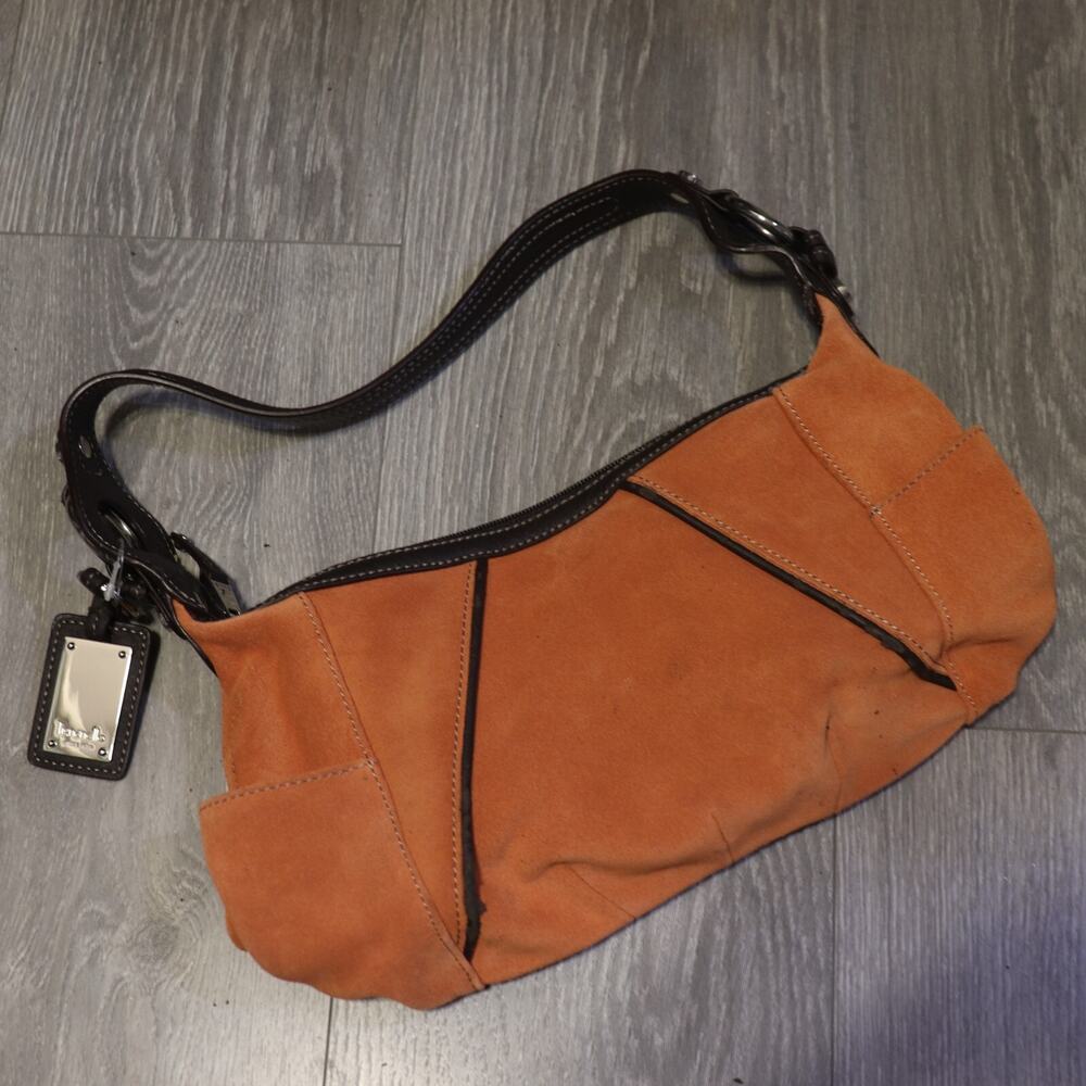 Tignanello Shoulder Handbag Orange Suede Brown Trim Purse Lined Bag Satchel